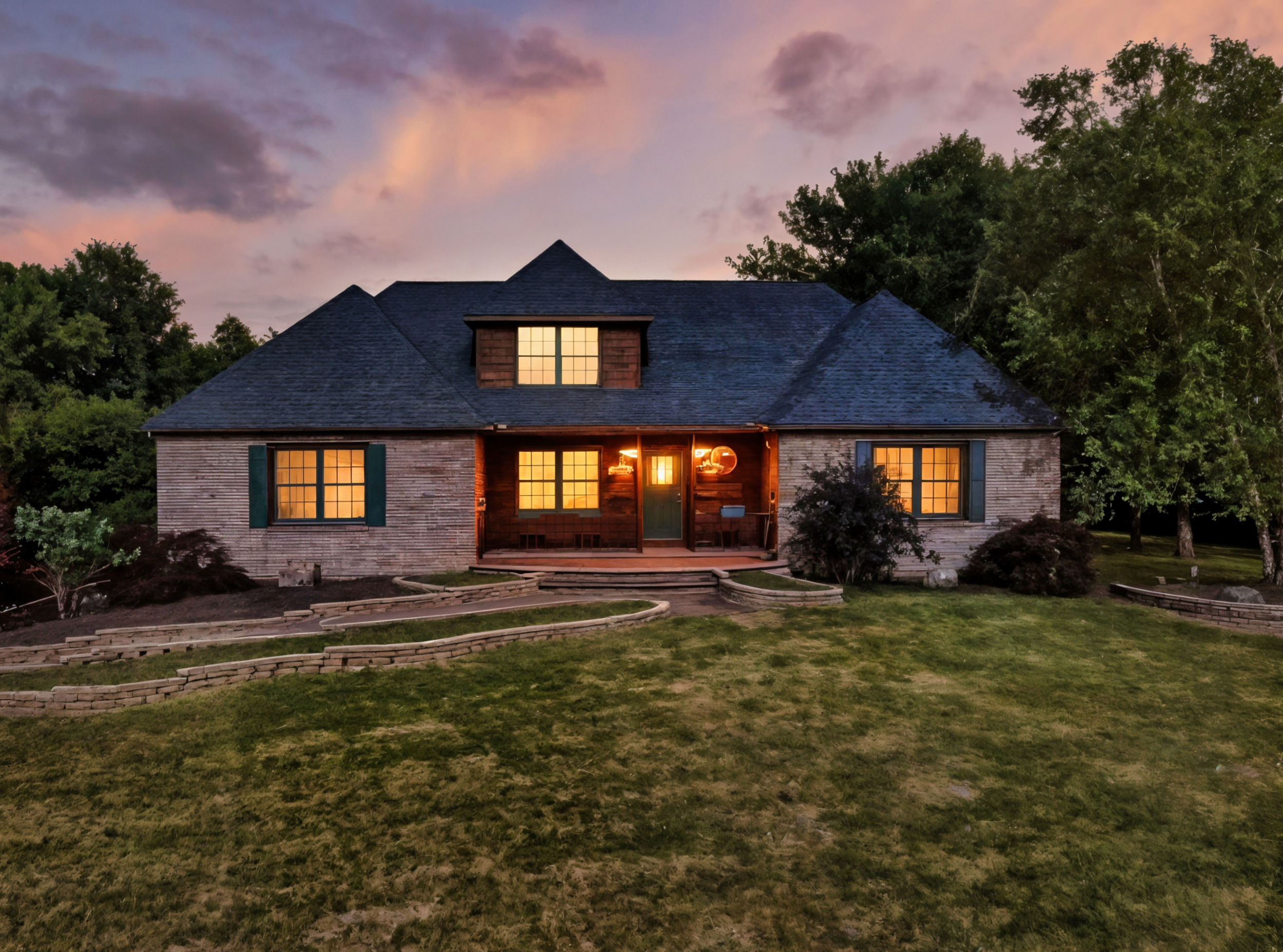Property exterior at virtual twilight — digitally enhanced with warm interior lights and dusk sky
