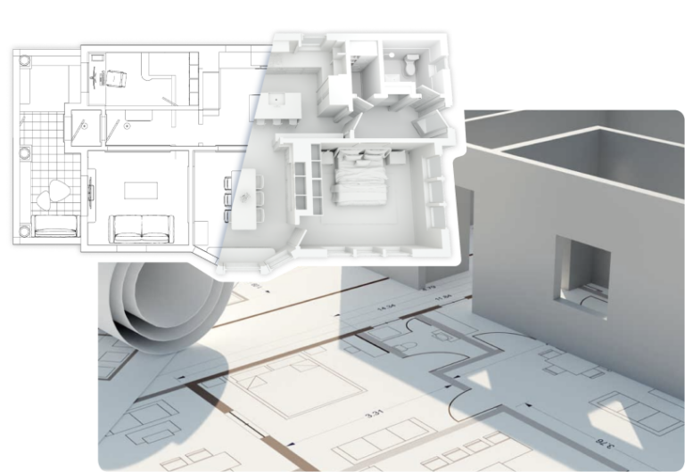 2D and 3D floor plan mockup showing measurements and perspective views