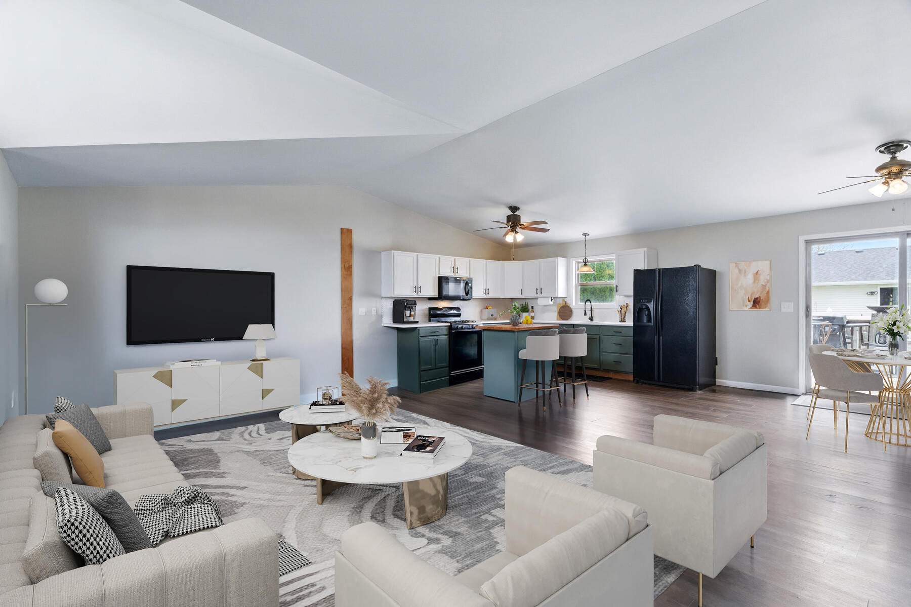 Living room after virtual staging — digitally furnished with sofa, rug, and decor